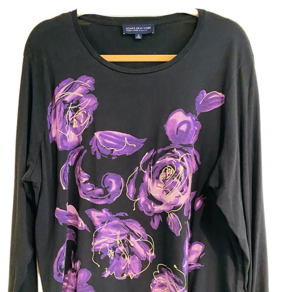 Jones New York Signature Women's Long Sleeve Purple Floral Tee Black 2X